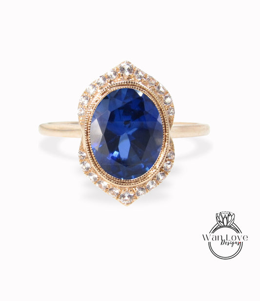 Zaffiro blu e diamante Art Deco unico lunetta ovale Halo CON o senza anello di fidanzamento Milgrain, personalizzato, oro rosa 14k 18k, WanLoveDesigns