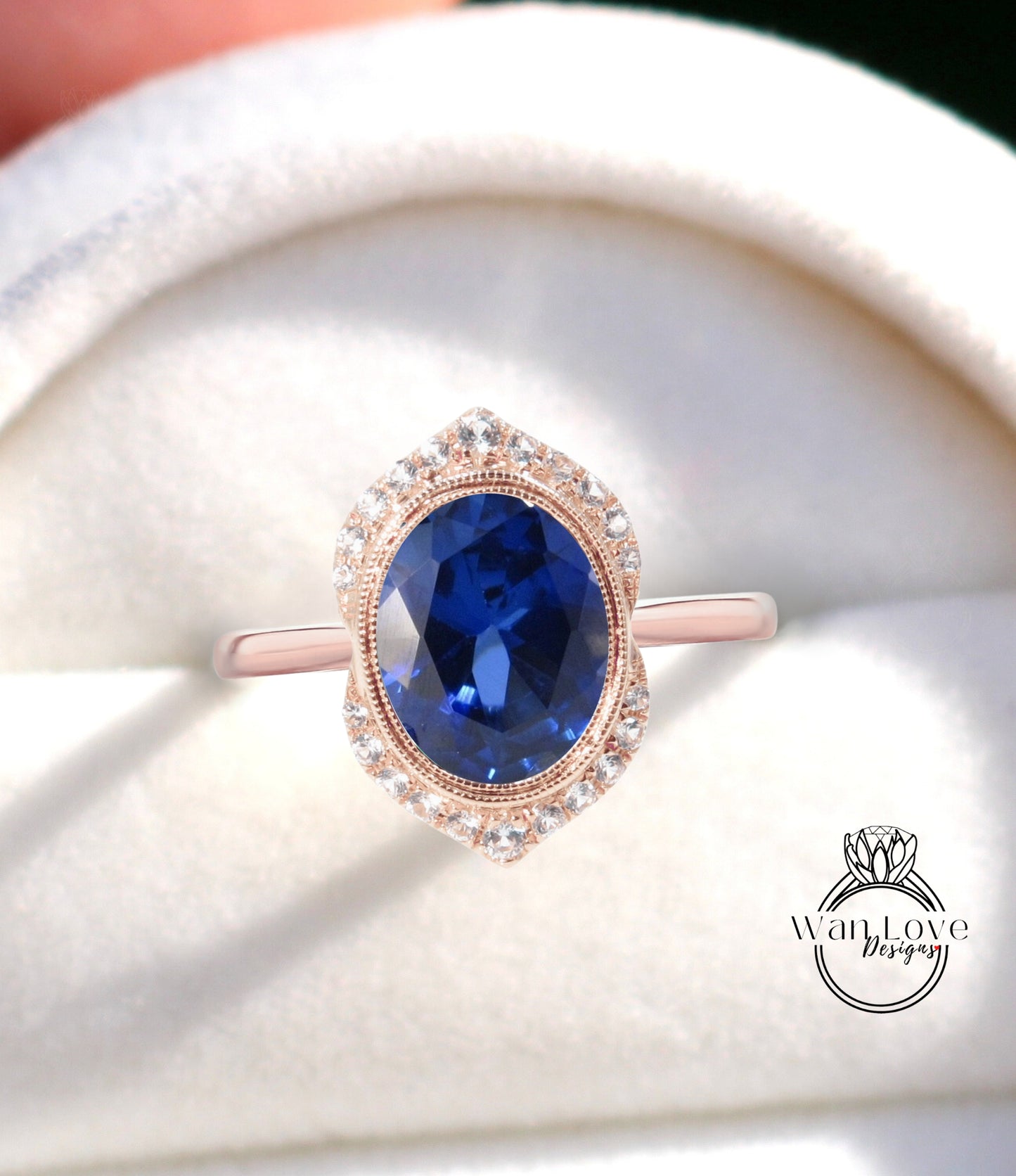 Zaffiro blu e diamante Art Deco unico lunetta ovale Halo CON o senza anello di fidanzamento Milgrain, personalizzato, oro rosa 14k 18k, WanLoveDesigns