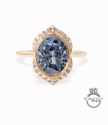 Anello di fidanzamento Moissanite grigio di forma ovale vintage Anello di fidanzamento con lunetta di diamanti Art Déco Anello antico Anello da sposa unico Anello di promessa di anniversario