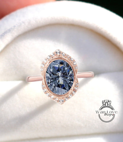 Anello di fidanzamento Moissanite grigio di forma ovale vintage Anello di fidanzamento con lunetta di diamanti Art Déco Anello antico Anello da sposa unico Anello di promessa di anniversario