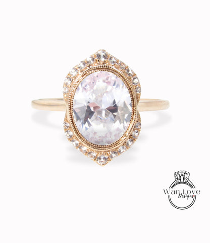 Zaffiro rosa chiaro e diamante Art Deco Unico con lunetta ovale Halo CON Senza anello di fidanzamento Milgrain, Personalizzato,Oro rosa 14k 18k,WanLoveDesigns