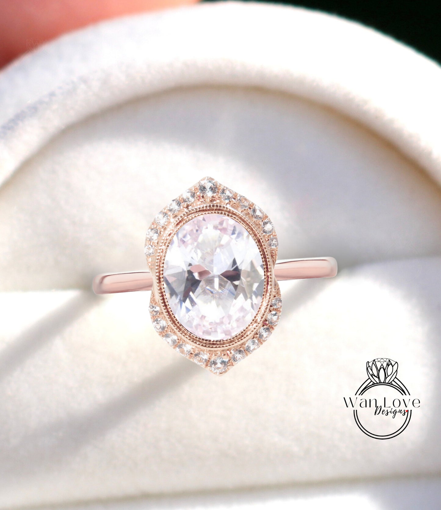 Light Pink Sapphire & Diamond Art Deco Unique Oval Bezel Halo WITH Without Milgrain Engagement Ring, Custom,14k 18k Rose Gold,WanLoveDesigns