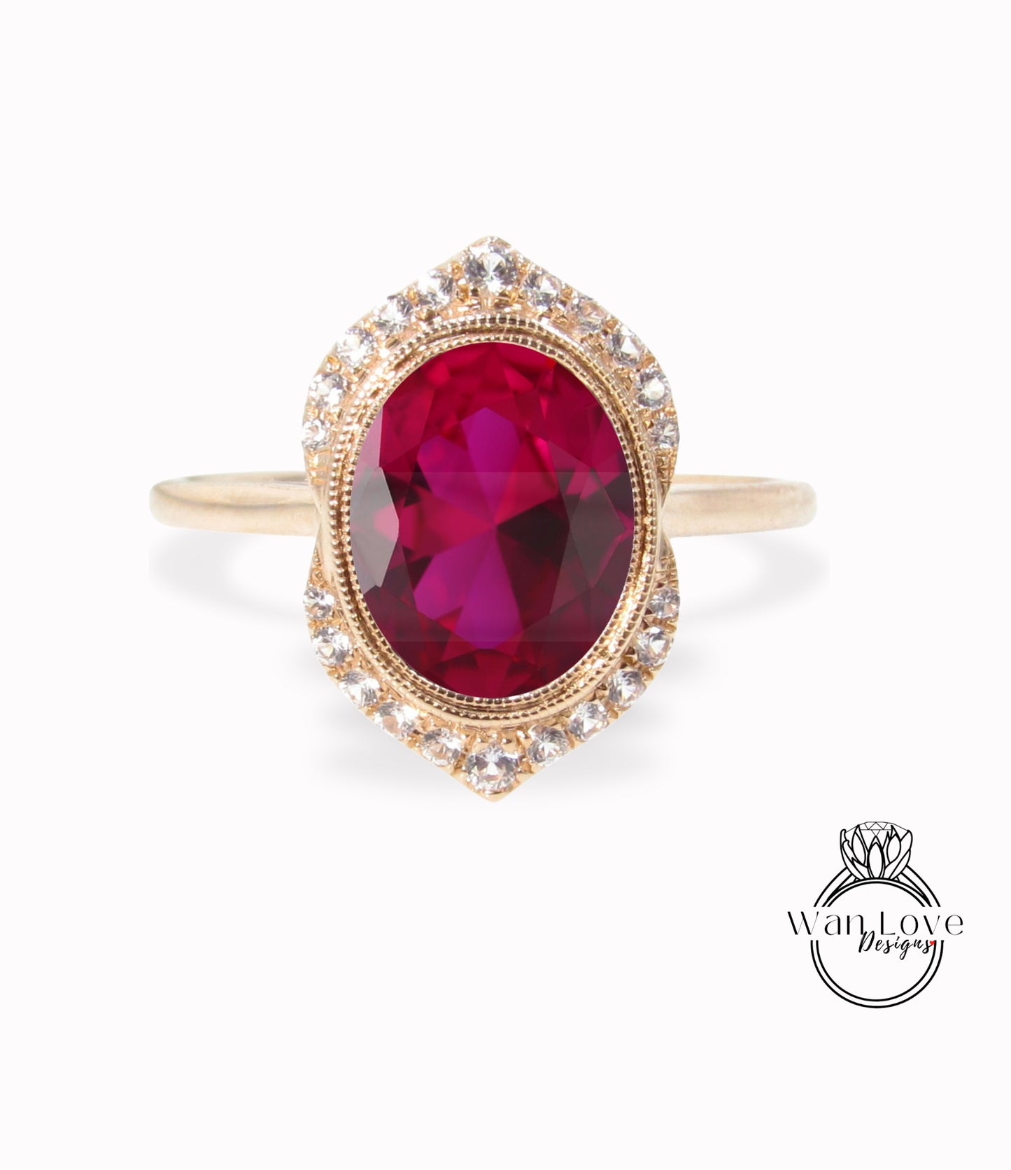 Ruby & Diamond Art Deco Unique Oval Bezel Halo WITH or Without Milgrain Engagement Ring, Custom, 14k 18k Rose Gold, WanLoveDesigns