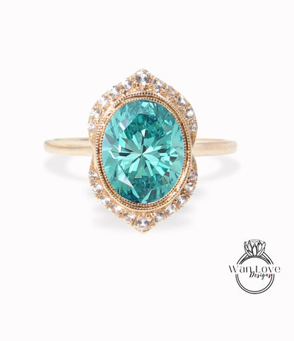 Anello di fidanzamento Moissanite blu di forma ovale vintage Anello Art Déco con lunetta di diamanti Anello antico Anello da sposa unico Anello di promessa di anniversario