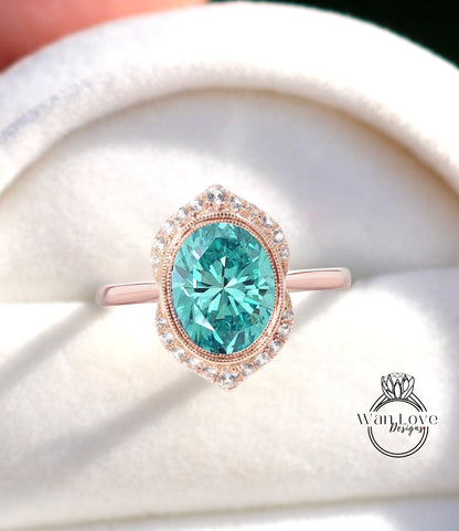 Anello di fidanzamento Moissanite blu di forma ovale vintage Anello Art Déco con lunetta di diamanti Anello antico Anello da sposa unico Anello di promessa di anniversario