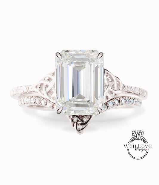Celtic Moissanite & Diamond Emerald Bridal Engagement Ring Curved V Chevron Wedding Band Set, 14k 18k Platinum, Anniversary Gift