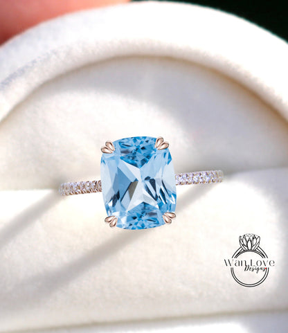 Aquamarine Blue Spinel & Diamonds Elongated Cushion Double Prong Solitaire Engagement Ring Half Eternity Custom Bridal Wedding Anniversary Gift 14kt 18kt Gold, Platinum