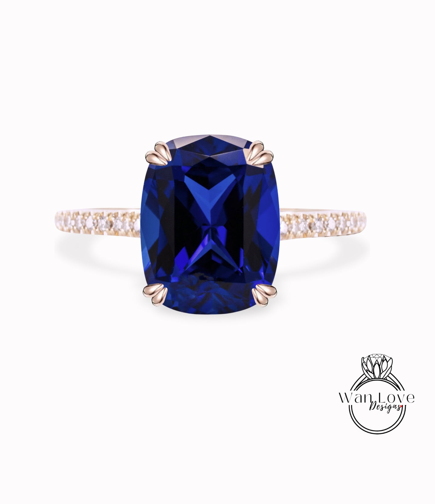 Blue Sapphire & Diamonds Elongated Cushion cut Double prongs Engagement ring gold vintage engagement ring women Half eternity wedding Bridal Aniversary Gift