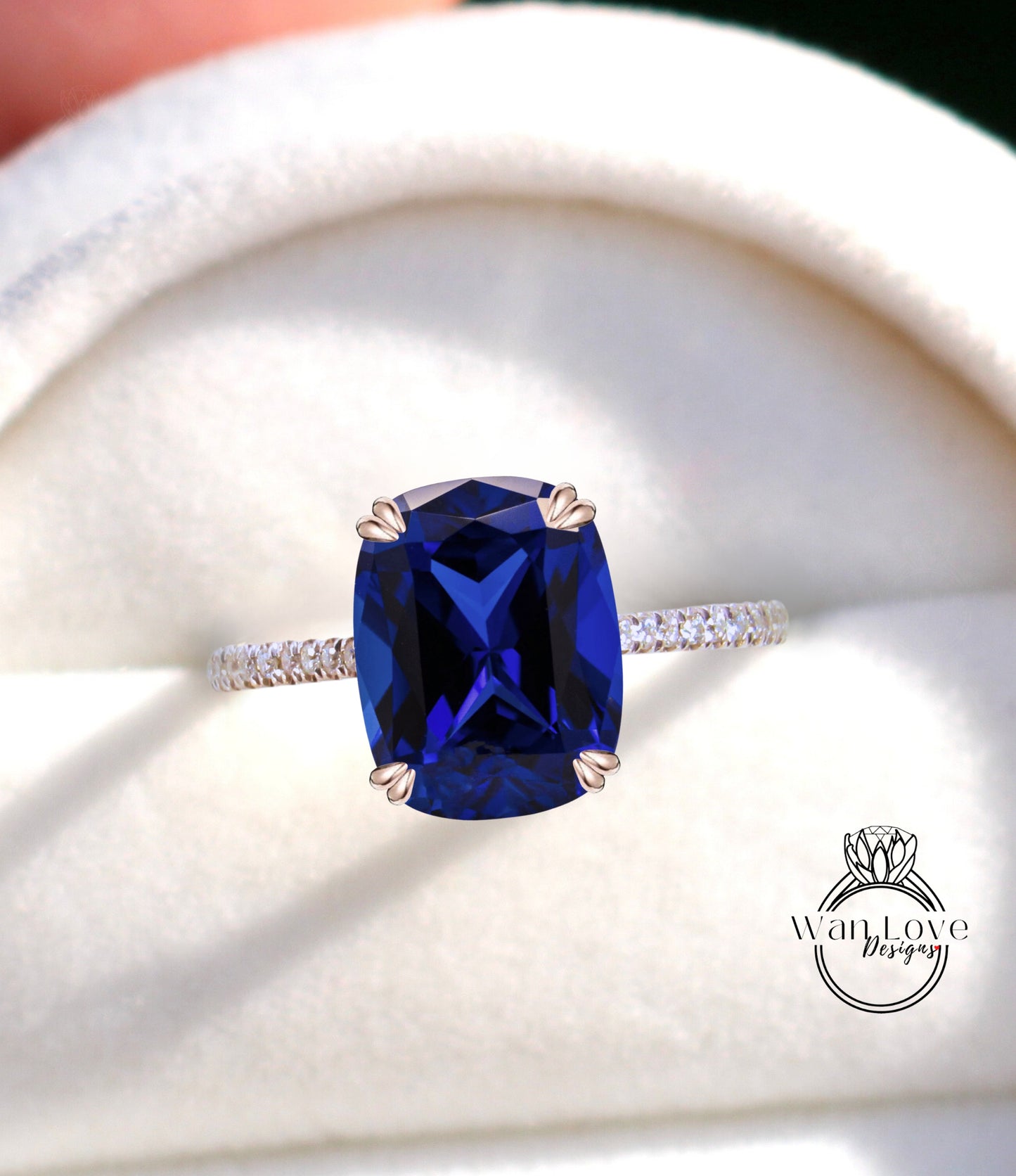 Blue Sapphire & Diamonds Elongated Cushion cut Double prongs Engagement ring gold vintage engagement ring women Half eternity wedding Bridal Aniversary Gift