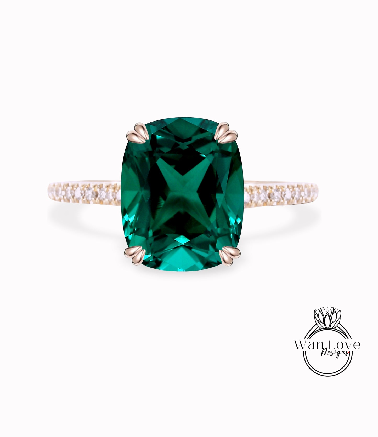 Emerald & Diamonds Elongated Cushion Double Prong Solitaire Engagement Ring Half Eternity Custom Bridal Wedding Anniversary Gift 14kt 18kt Gold, Platinum