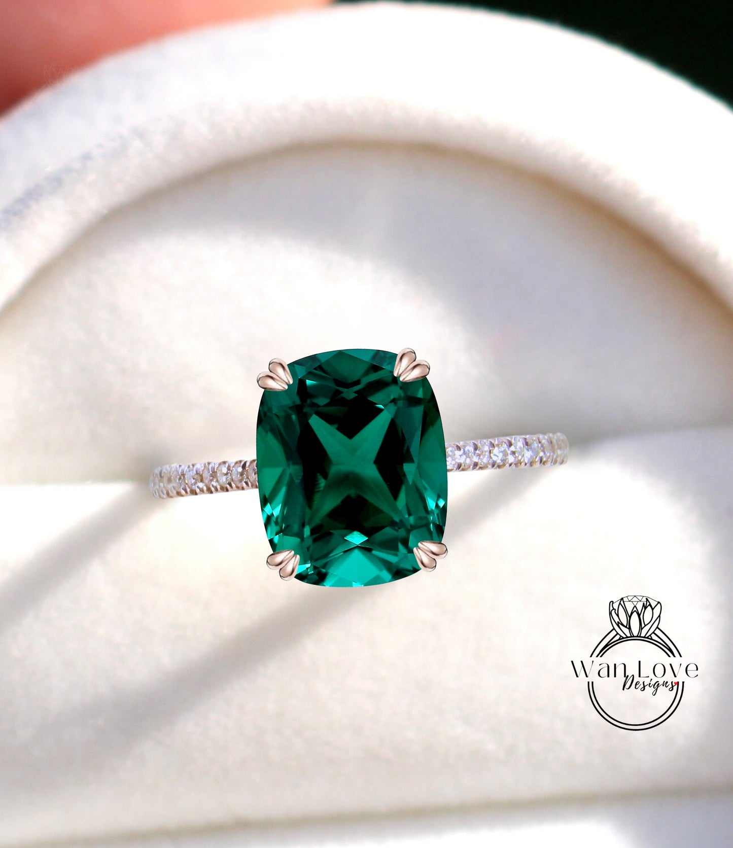 Emerald & Diamonds Elongated Cushion Double Prong Solitaire Engagement Ring Half Eternity Custom Bridal Wedding Anniversary Gift 14kt 18kt Gold, Platinum