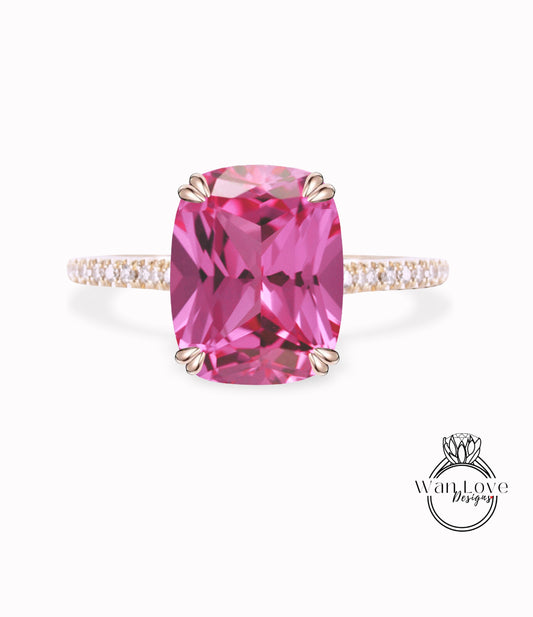 Pink Sapphire & Diamonds Elongated Cushion Double Prong Solitaire Engagement Ring Half Eternity Custom Bridal Wedding Anniversary Gift 14kt 18kt Gold, Platinum