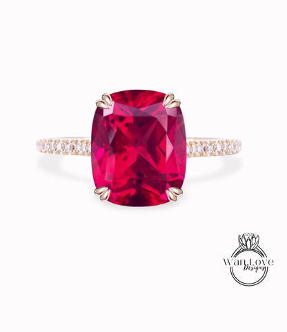 Ruby & Diamonds Elongated Cushion Double Prong Solitaire Engagement Ring Half Eternity Custom Bridal Wedding Anniversary Gift 14kt 18kt Gold, Platinum