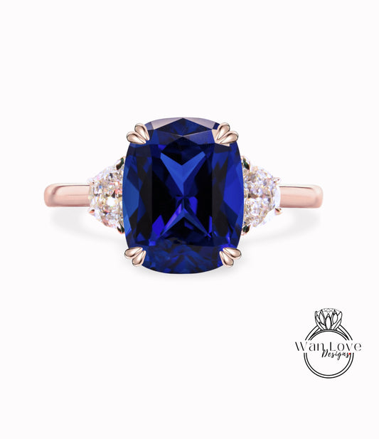 Blue Sapphire & diamond half moon elongated cushion 3 gemstone engagement ring plain band Moissanite diamond rose gold art deco diamond three gem stone ring wedding Bridal Anniversary gift