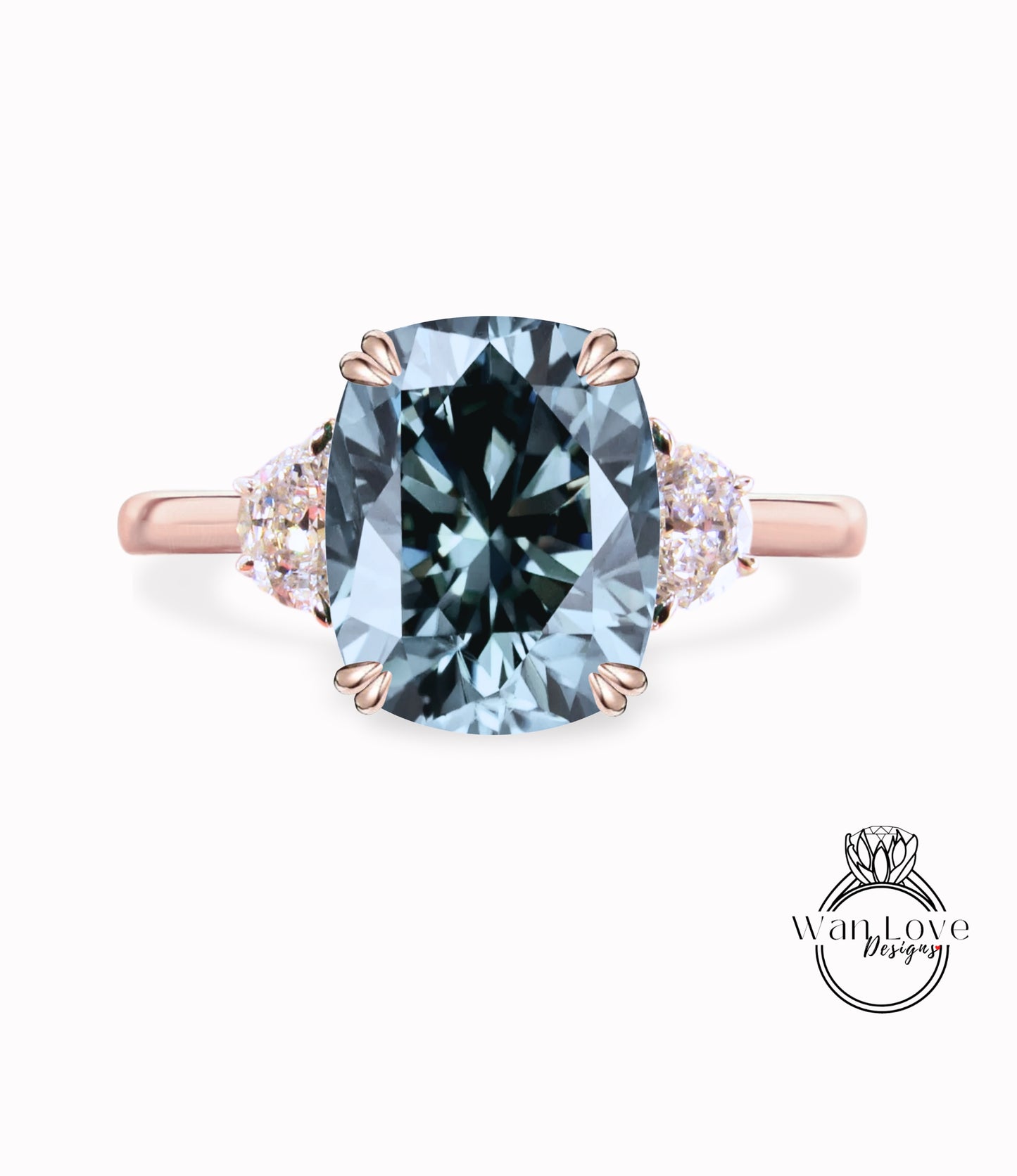 Grey Moissanite & diamond half moon elongated cushion 3 gemstone engagement ring plain band Moissanite diamond rose gold art deco diamond three gem stone ring wedding Bridal Anniversary gift
