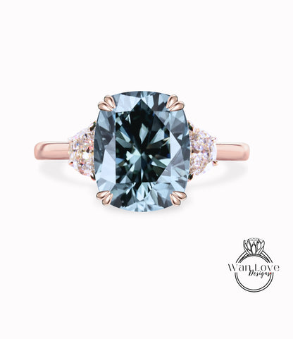 Grey Moissanite & diamond half moon elongated cushion 3 gemstone engagement ring plain band Moissanite diamond rose gold art deco diamond three gem stone ring wedding Bridal Anniversary gift