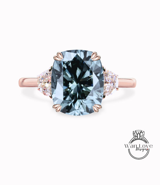Grey Moissanite & diamond half moon elongated cushion 3 gemstone engagement ring plain band Moissanite diamond rose gold art deco diamond three gem stone ring wedding Bridal Anniversary gift