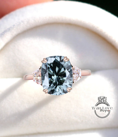 Grey Moissanite & diamond half moon elongated cushion 3 gemstone engagement ring plain band Moissanite diamond rose gold art deco diamond three gem stone ring wedding Bridal Anniversary gift