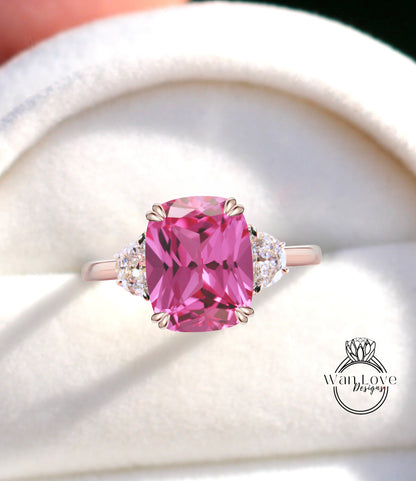 Pink Sapphire & diamond half moon elongated cushion 3 gemstone engagement ring plain band Moissanite diamond rose gold art deco diamond three gem stone ring wedding Bridal Anniversary gift