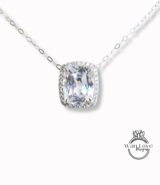 White Sapphire Elongated Cushion East West Halo Pendant Necklace Charm 4ct 10x8mm Anniversary Gift Wedding Jewelry Gold Ready to ship