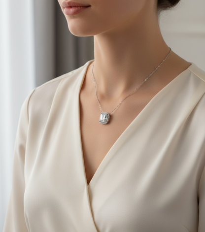 White Sapphire Elongated Cushion East West Halo Pendant Necklace Charm 4ct 10x8mm Anniversary Gift Wedding Jewelry Gold Ready to ship