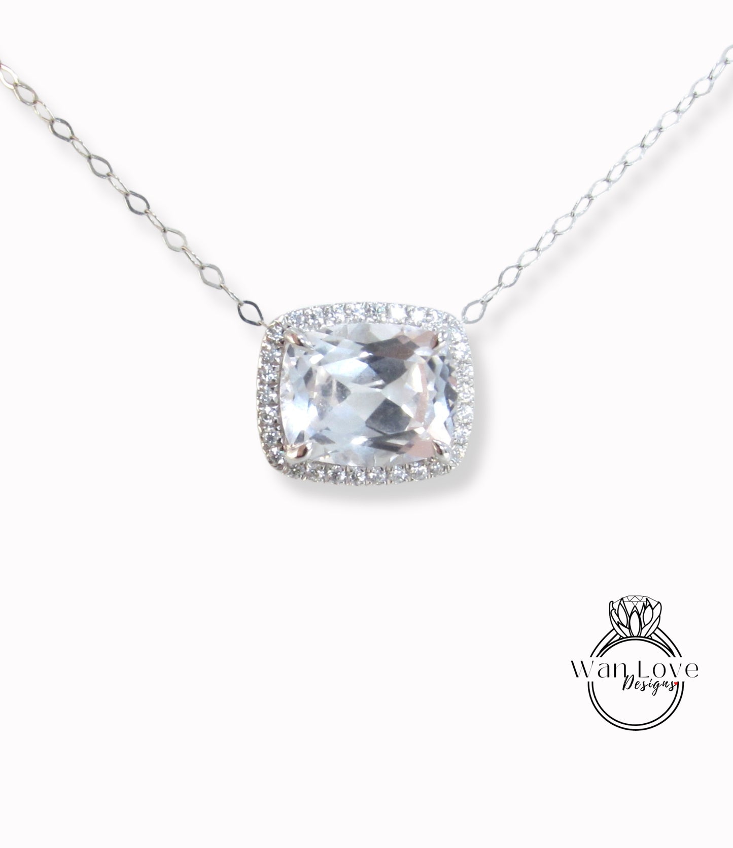 Zaffiro bianco allungato cuscino East West Halo ciondolo collana fascino 4ct 10x8mm anniversario regalo gioielli di nozze oro pronto per la spedizione