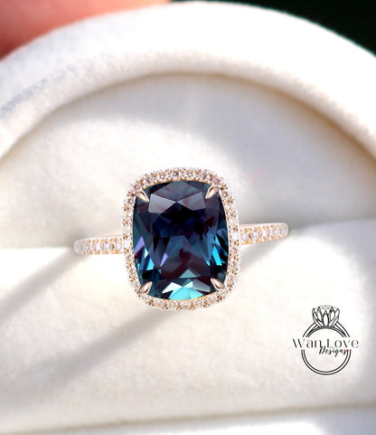 Elongated Cushion cut Alexandrite engagement ring gold vintage diamond halo engagement ring women Half eternity wedding Bridal Anniversary