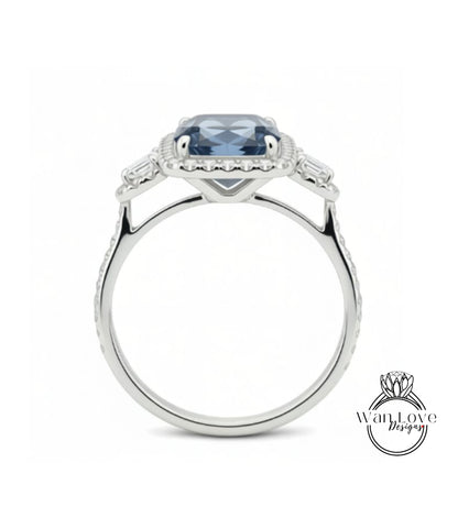 Grey Moissanite & Diamond Elongated Long Cushion Triple Halo Engagement Ring 3 Gem Stone Trapezoid Moissanite Diamond 14k 18k Rose White Yellow gold Platinum Anniversary Gift