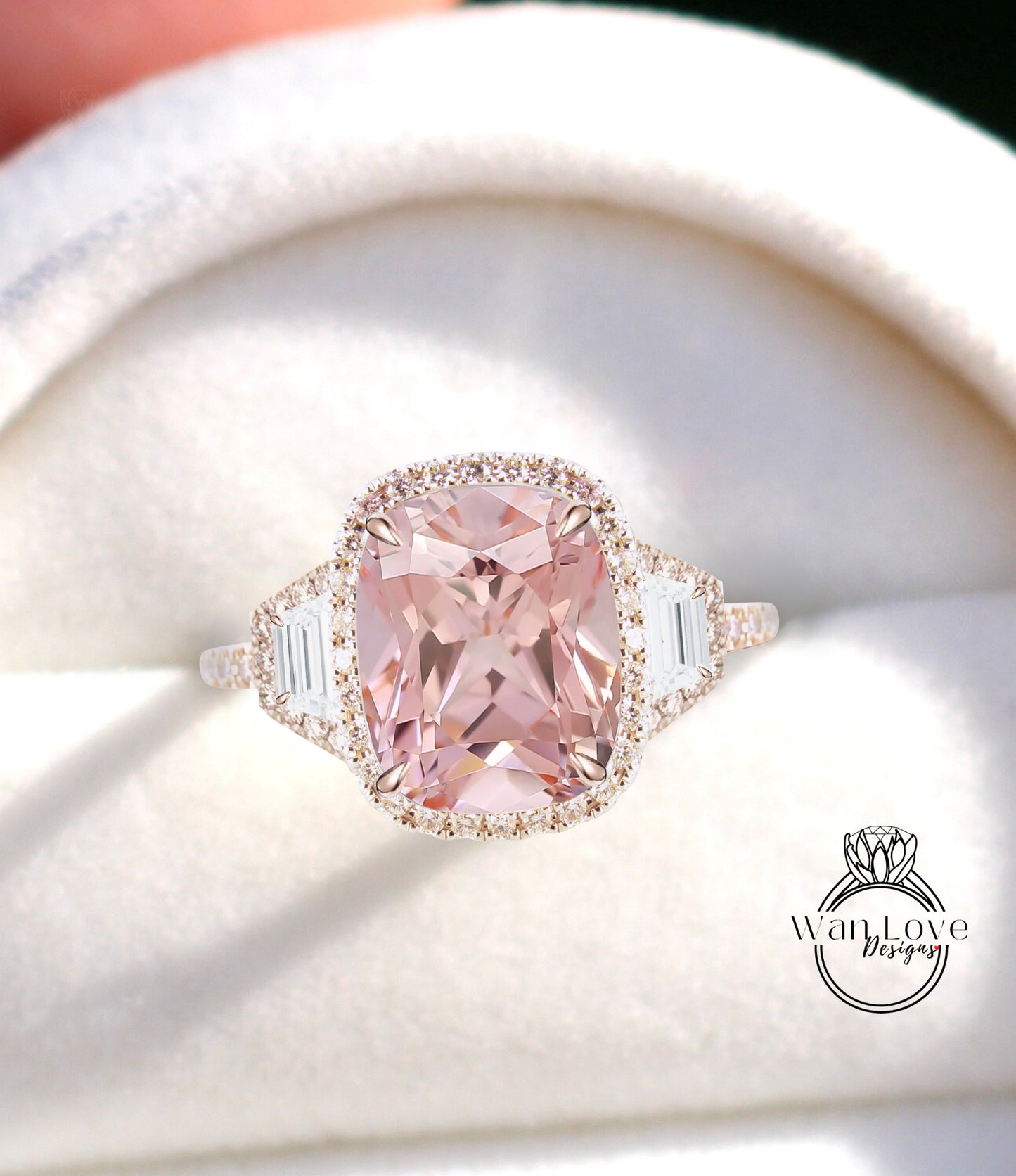 Peach Sapphire & Diamond Elongated Long Cushion Triple Halo Engagement Ring 3 Gem Stone Trapezoid Moissanite Diamond 14k 18k Rose White Yellow gold Platinum Anniversary Gift