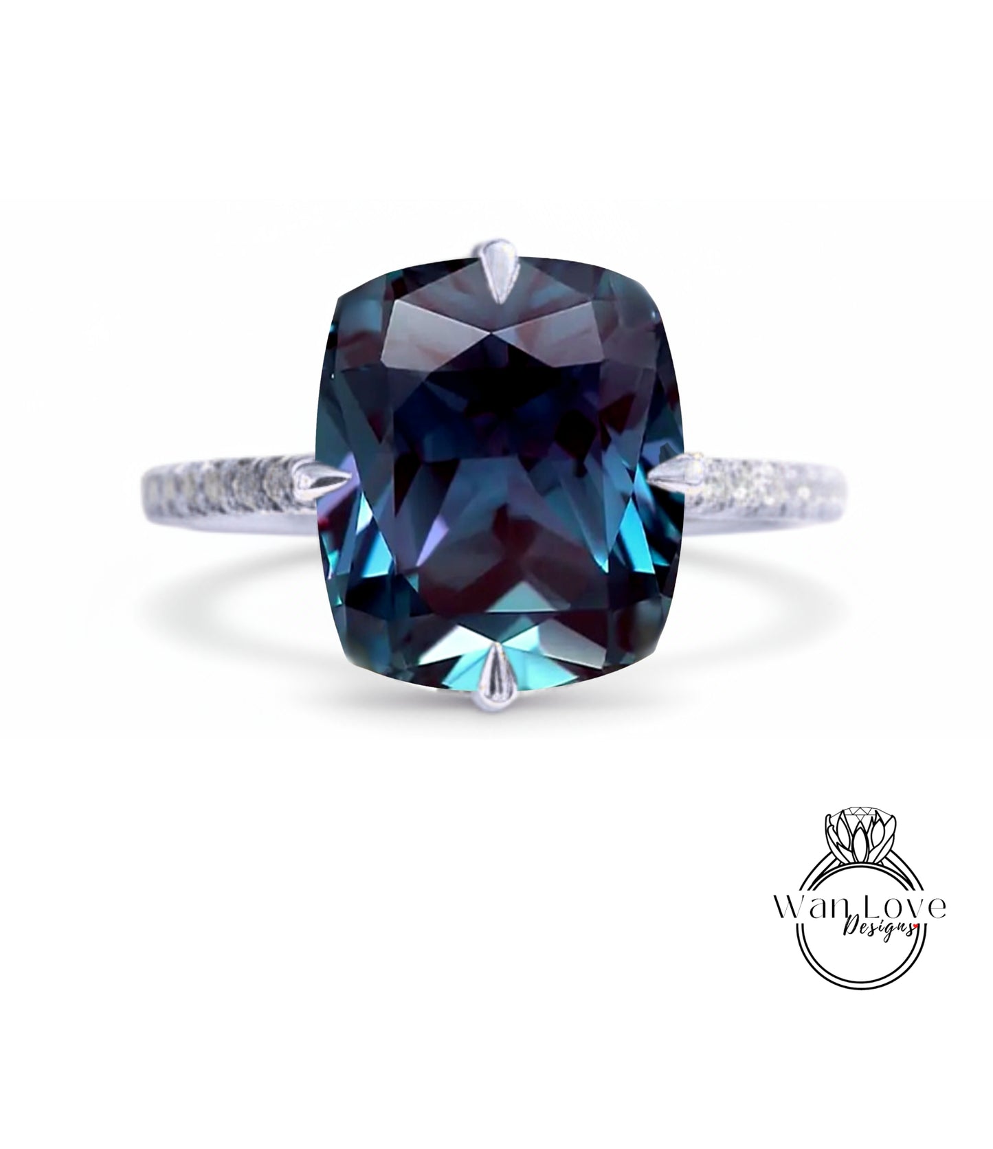 Alexandrite & Diamond Elongated Cushion NSEW prongs Engagement Ring Celebrity style Custom Bridal Wedding ring, Anniversary Gift