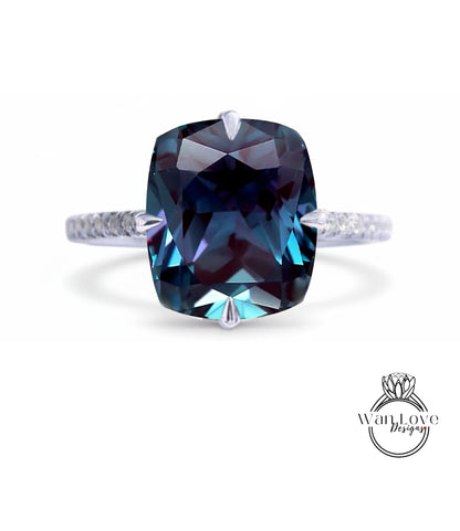 Alexandrite & Diamond Elongated Cushion NSEW prongs Engagement Ring Celebrity style Custom Bridal Wedding ring, Anniversary Gift