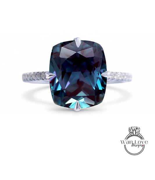 Anello di fidanzamento allungato con taglio a cuscino con alessandrite in oro rosa mezza eternità con fascia di diamanti art deco anello di promessa di anniversario di matrimonio