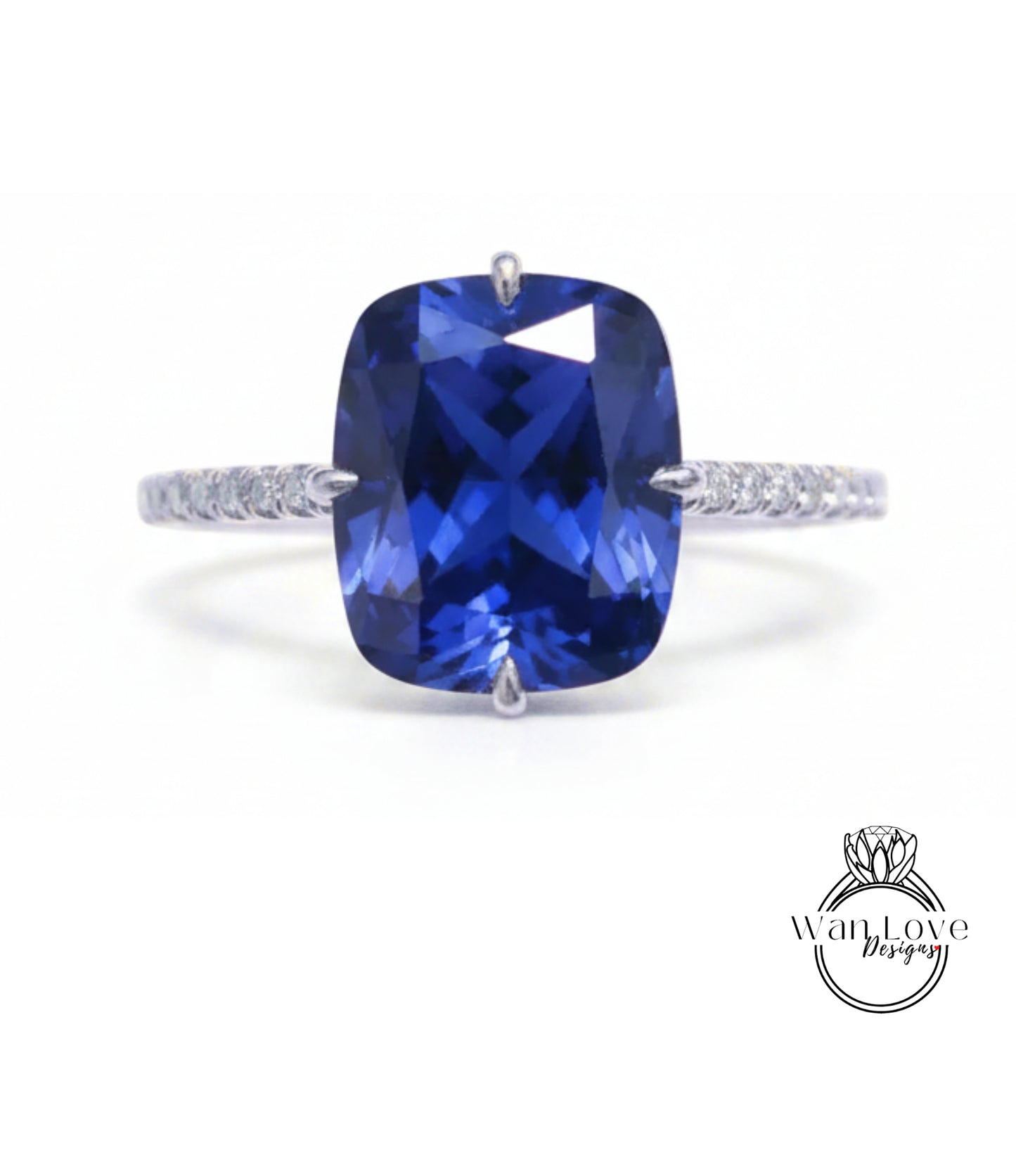 Blue Sapphire & Diamond Elongated Cushion NSEW prongs Engagement Ring Celebrity style Custom Bridal Wedding ring, Anniversary Gift