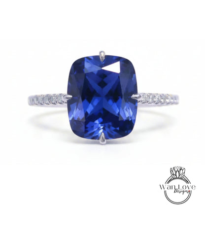 Blue Sapphire & Diamond Elongated Cushion NSEW prongs Engagement Ring Celebrity style Custom Bridal Wedding ring, Anniversary Gift