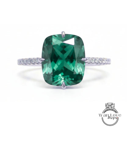 Emerald & Diamond Elongated Cushion NSEW prongs Engagement Ring Celebrity style Custom Bridal Wedding ring, Anniversary Gift
