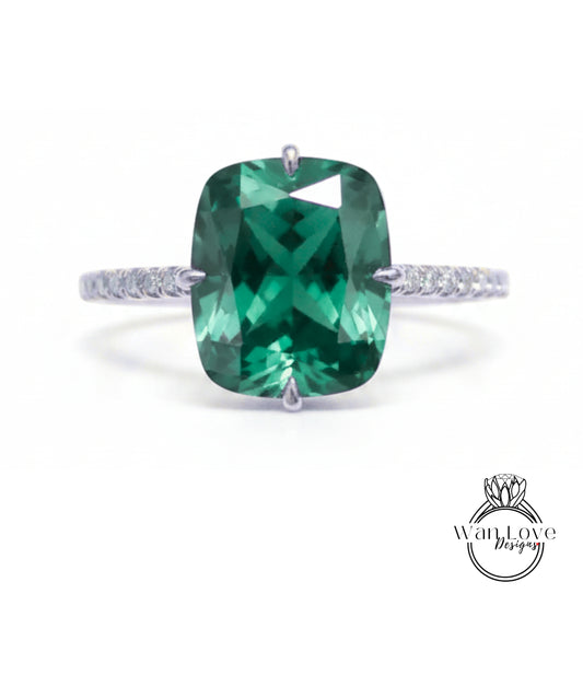 Anello di fidanzamento Halo con smeraldo e diamante, gambo liscio, 14k 18k bianco giallo oro rosa-platino-nozze-anniversario regalo