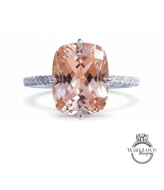 Anello di fidanzamento con zaffiro rosa chiaro Anello di fidanzamento con taglio smeraldo in oro rosa mezza eternità con diamante matrimonio Anello da sposa con punta promessa Aniversario