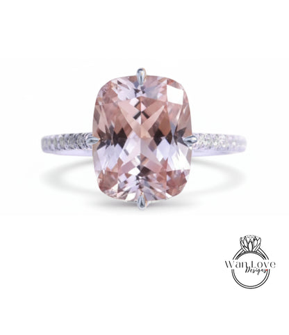 Light Pink Sapphire & Diamond Elongated Cushion NSEW prongs Engagement Ring Celebrity style Custom Bridal Wedding ring, Anniversary Gift