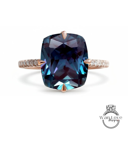 Anello di fidanzamento allungato con taglio a cuscino con alessandrite in oro rosa mezza eternità con fascia di diamanti art deco anello di promessa di anniversario di matrimonio