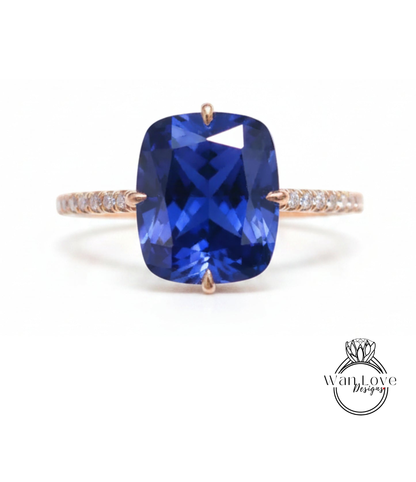 Blue Sapphire & Diamond Elongated Cushion NSEW prongs Engagement Ring Celebrity style Custom Bridal Wedding ring, Anniversary Gift