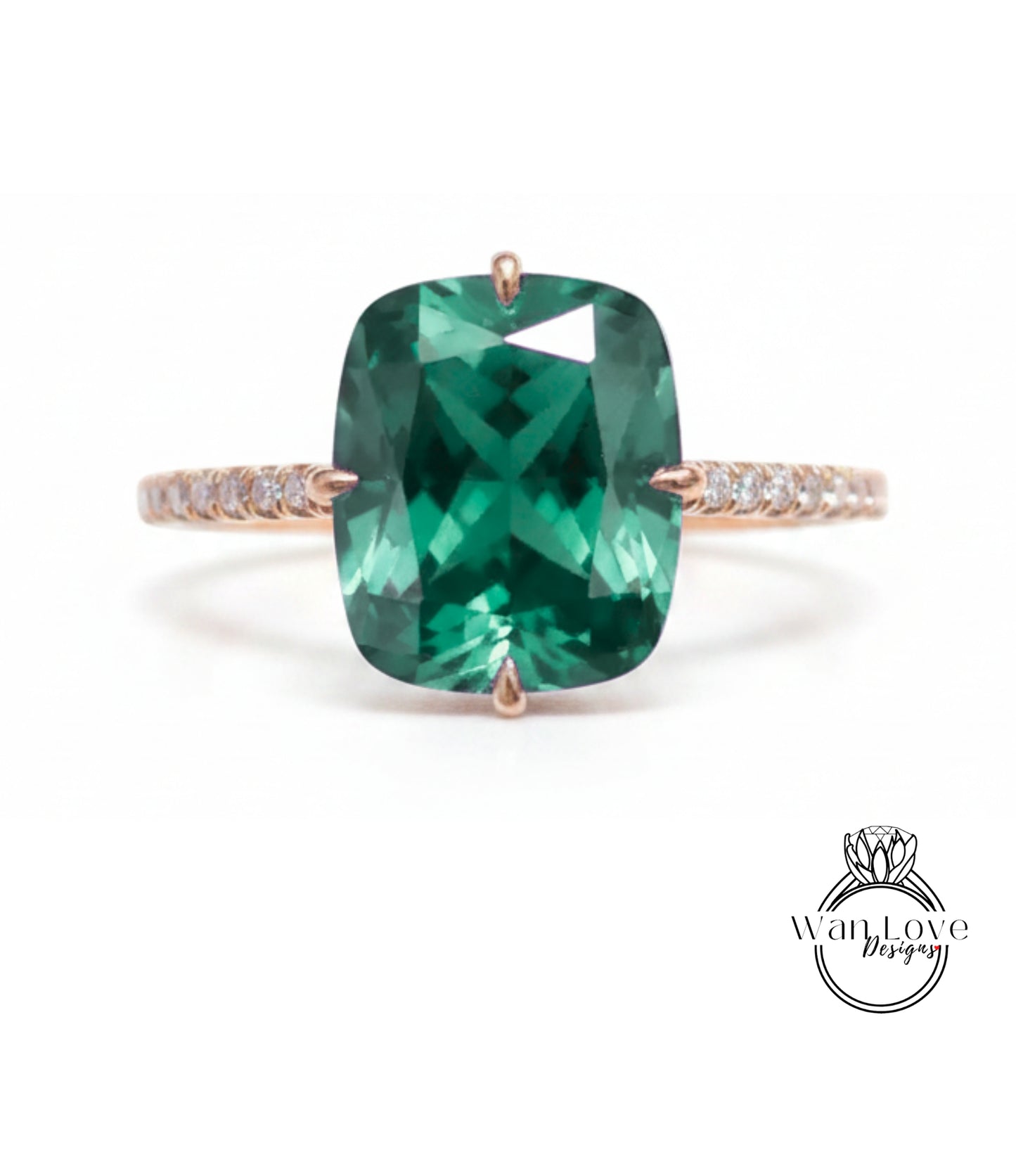 Emerald & Diamond Elongated Cushion NSEW prongs Engagement Ring Celebrity style Custom Bridal Wedding ring, Anniversary Gift