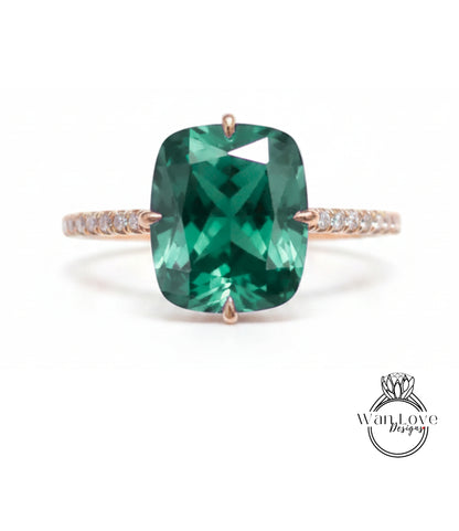 Emerald & Diamond Elongated Cushion NSEW prongs Engagement Ring Celebrity style Custom Bridal Wedding ring, Anniversary Gift