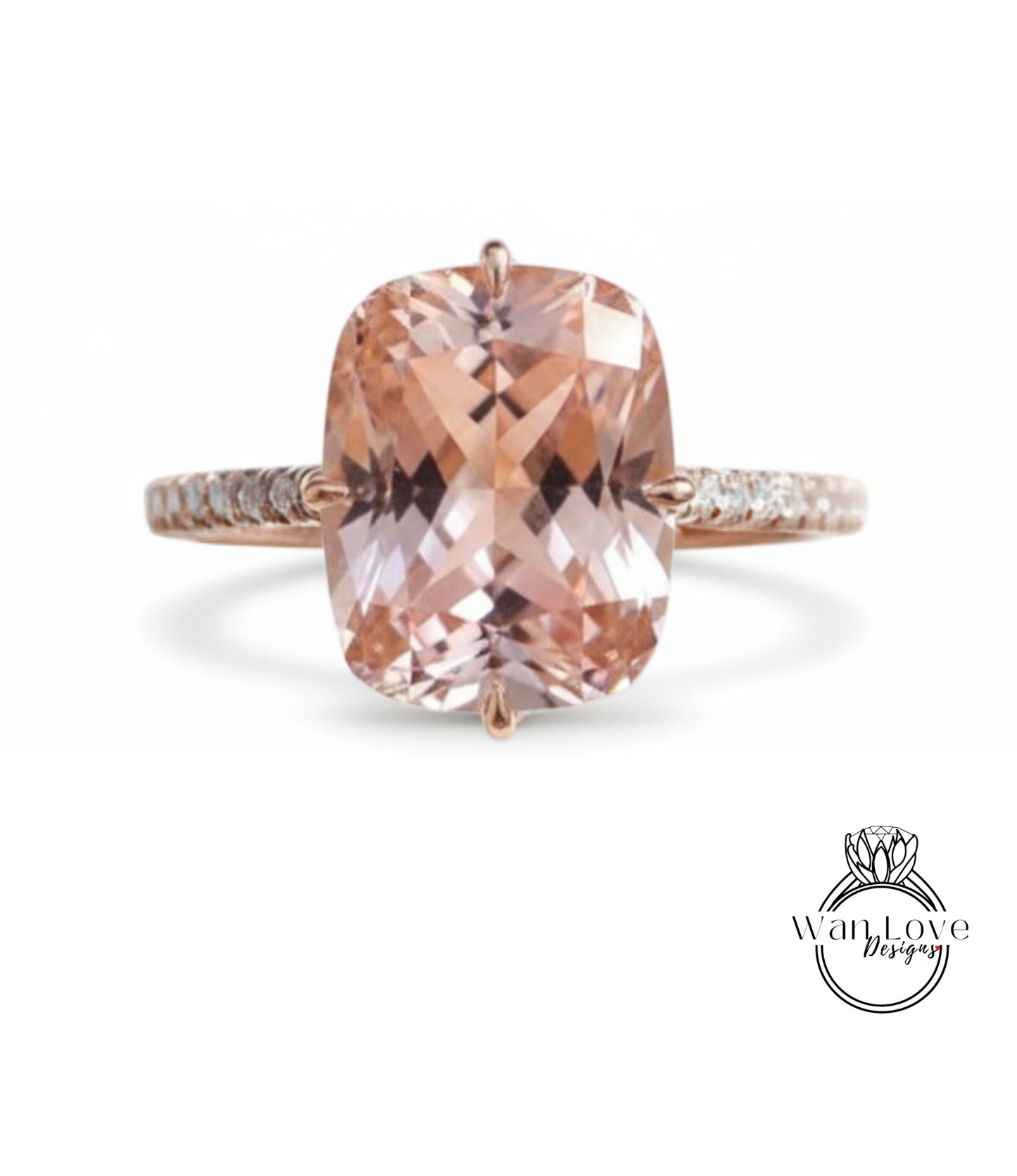 Peach Sapphire & Diamond Elongated Cushion NSEW prongs Engagement Ring Celebrity style Custom Bridal Wedding ring, Anniversary Gift