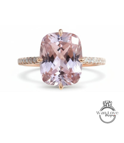Light Pink Sapphire & Diamond Elongated Cushion NSEW prongs Engagement Ring Celebrity style Custom Bridal Wedding ring, Anniversary Gift