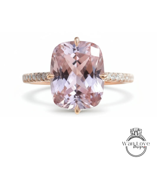 Anello di fidanzamento con zaffiro rosa chiaro Anello di fidanzamento con taglio smeraldo in oro rosa mezza eternità con diamante matrimonio Anello da sposa con punta promessa Aniversario