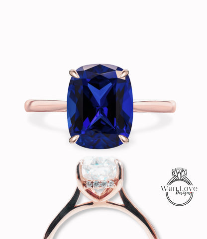 Anello di fidanzamento Art Déco allungato con taglio a cuscino in zaffiro blu, anello in oro rosa, anello con alone laterale nascosto con diamanti, anello nuziale con promessa di anniversario