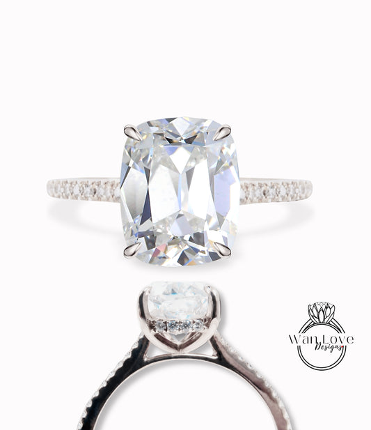 OMC Moissanite Anello di fidanzamento Radiant Side Halo Anello in oro con diamanti Art Deco Vecchia miniera con taglio conico Anello da sposa Anello di promessa di anniversario