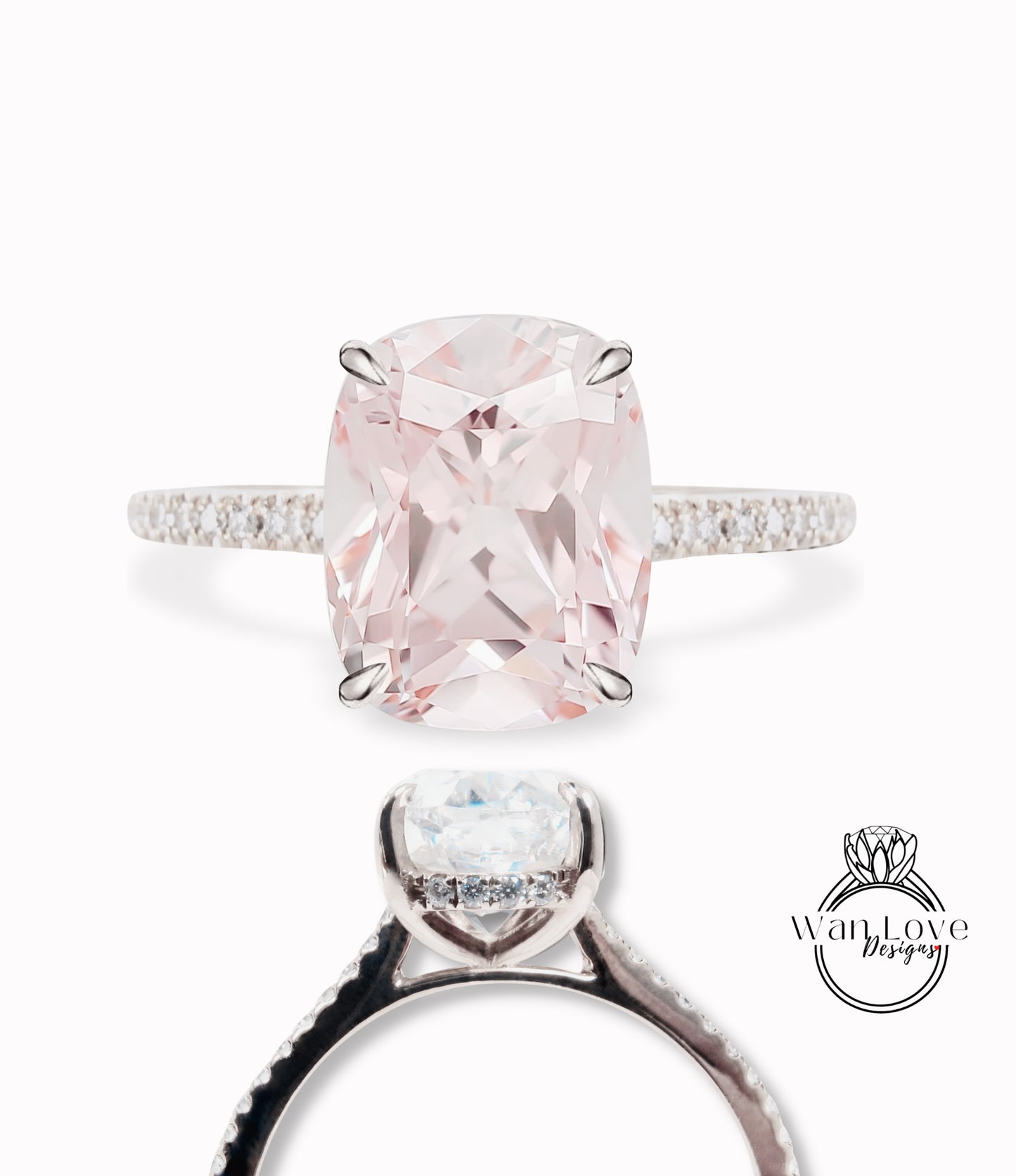 Light Pink Sapphire & Diamond Elongated Cushion Side Halo Half Eternity Engagement Ring rose gold Ring Art Deco Wedding Bridal Ring Anniversary Gift