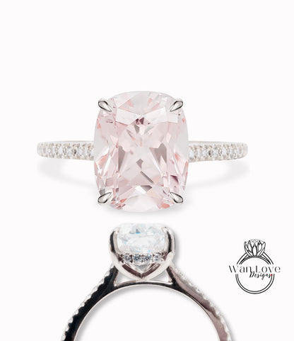 Light Pink Sapphire & Diamond Elongated Cushion Side Halo Half Eternity Engagement Ring rose gold Ring Art Deco Wedding Bridal Ring Anniversary Gift