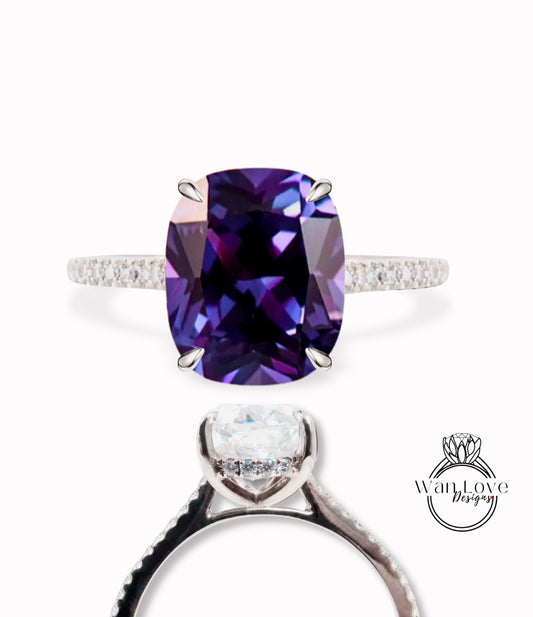 Anello di fidanzamento vintage allungato taglio cuscino zaffiro viola colore alessandrite anello alone nascosto fascia in oro rosa promessa nuziale anniversario